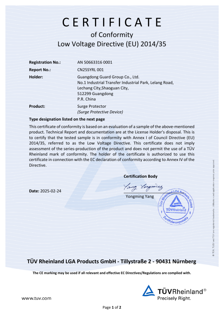 TÜV Rheinland Certificate of Conformity — Surge Protective Device
